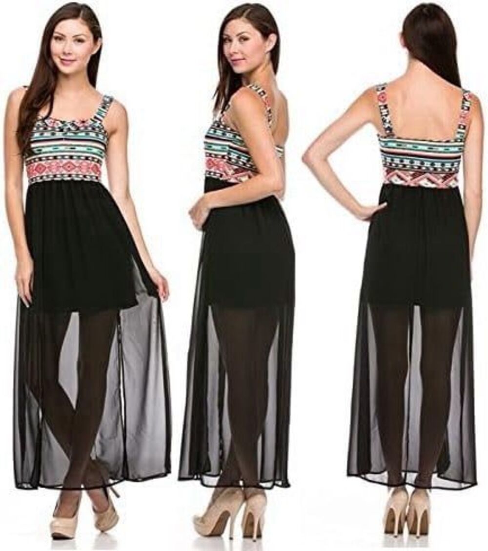 Aztec Print Chiffon Maxi Dress XS S Boho Geometric Tribal Sheer Festival Finesse